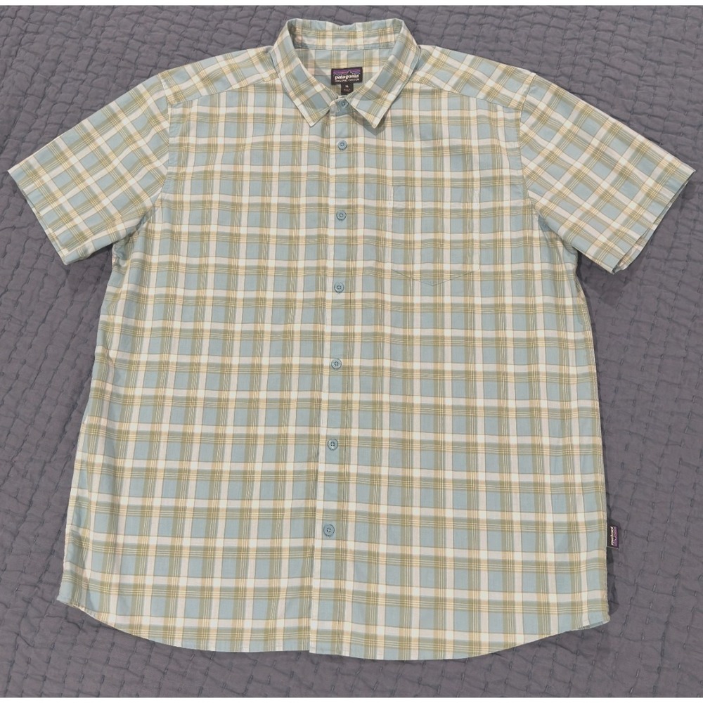 Patagonia Organic Cotton Camp Shirt Men's XL Green Blue Plaid Short Sleeve
